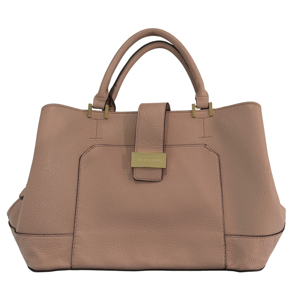Modern Womens Large Steve Madden Satchel Handbag Pink Pebbled Faux Leather Gold